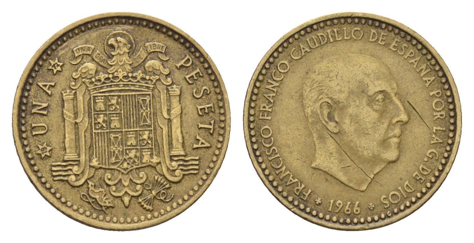 Испания 1 песета 1966 (72) Франсиско Франко (1939-1975) KM 796 алюминиевая бронза 4684-1047