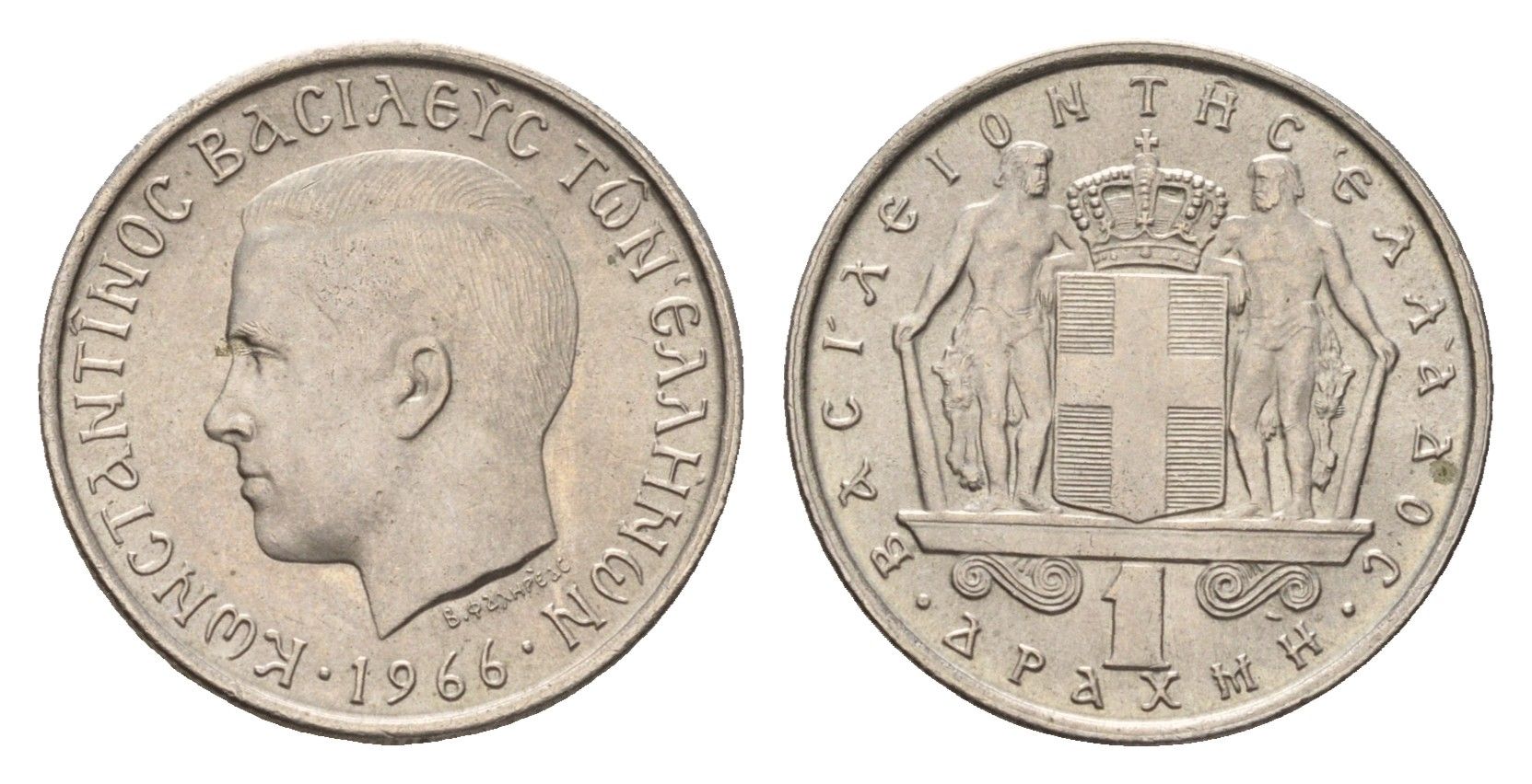 Греция 1 драхма 1966 Константин II (1966-1973) KM 89 медно-никель UNC 4669-133