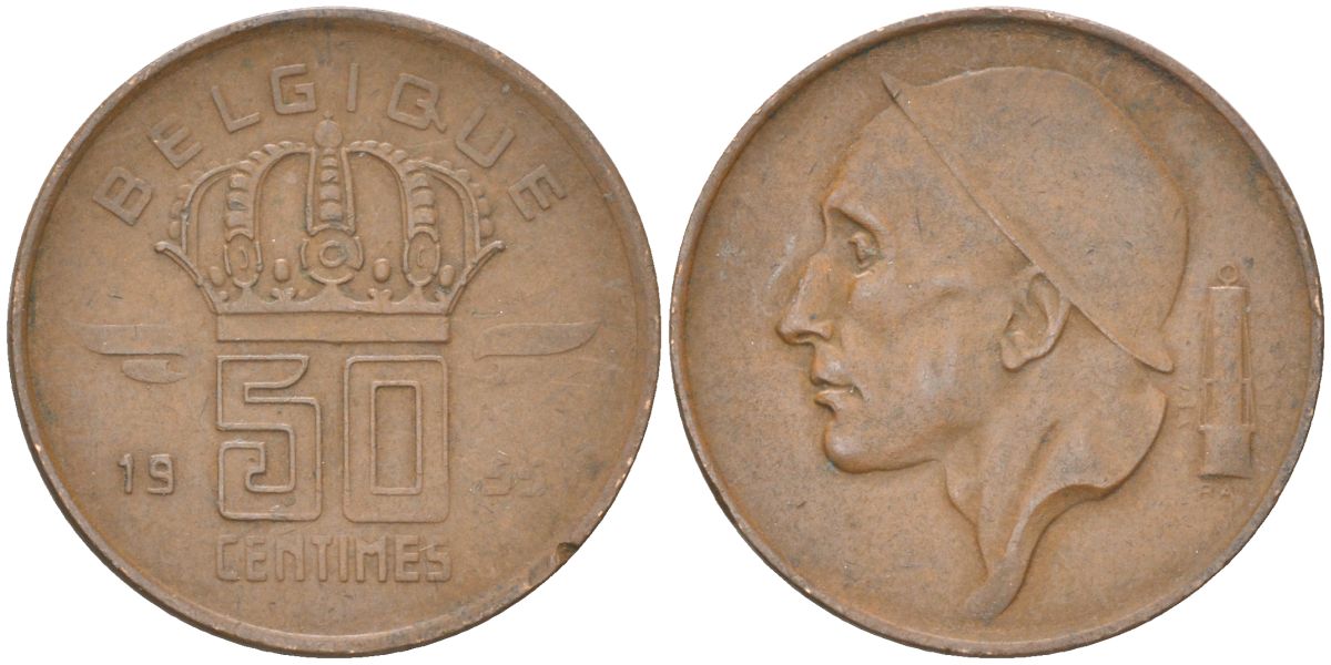 Бельгия 50 сантимов 1955 Belgique, Бодуэн I (1951-1993) KM 144 бронза 4613-851