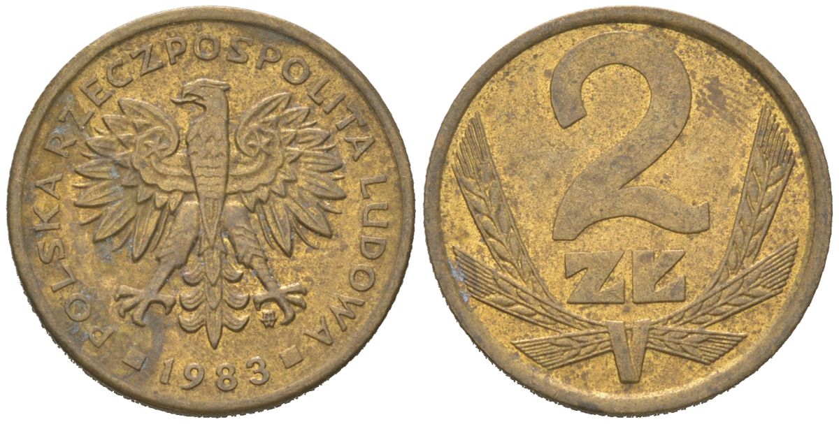 Польша 2 злотых 1983 MW Y 80.1 латунь aUNC 4618-267
