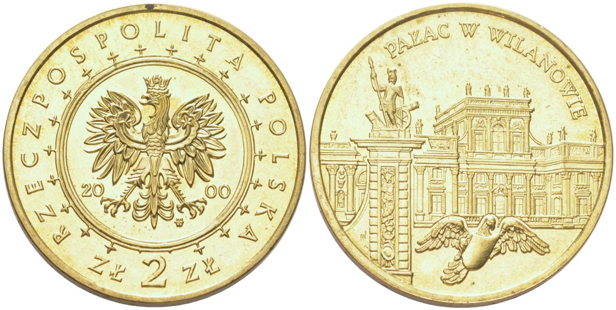 Польша 2 злотых 2000 Замки и дворцы Польши - Вилянувский дворец Y 390 нордик UNC 4122-1145