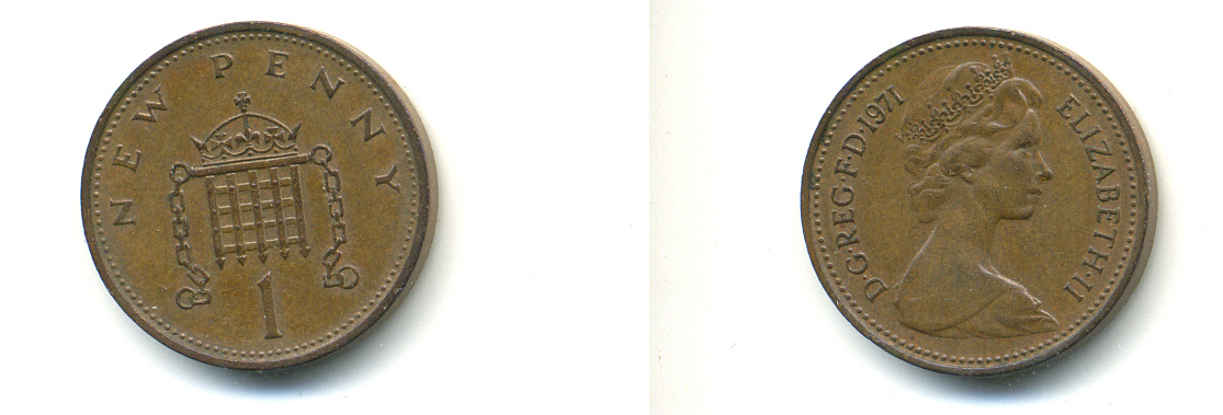 Великобритания 1 пенни 1971 Елизавета II (1952-2022) KM 915, Spink 4237 (B1) бронза 83-1027