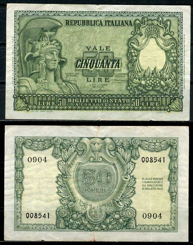 Италия 50 лир 1951 Афина Pick 91 a, Grapanzano BS 54 бумага бумага 8614-10-4-1