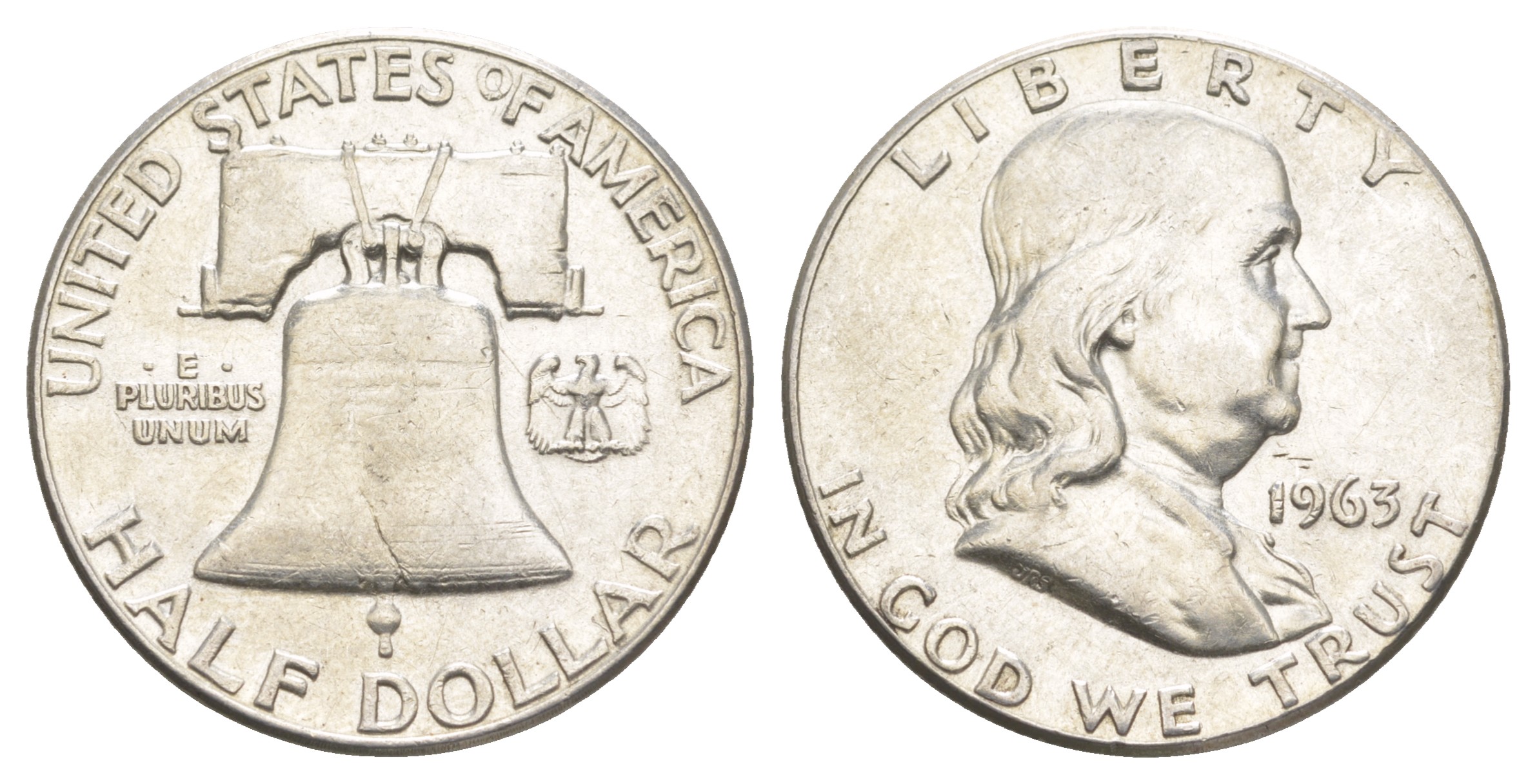 США 1/2 доллара (50 центов) 1963 Бенджамин Франклин, колокол KM 199 серебро  aUNC  4574-511