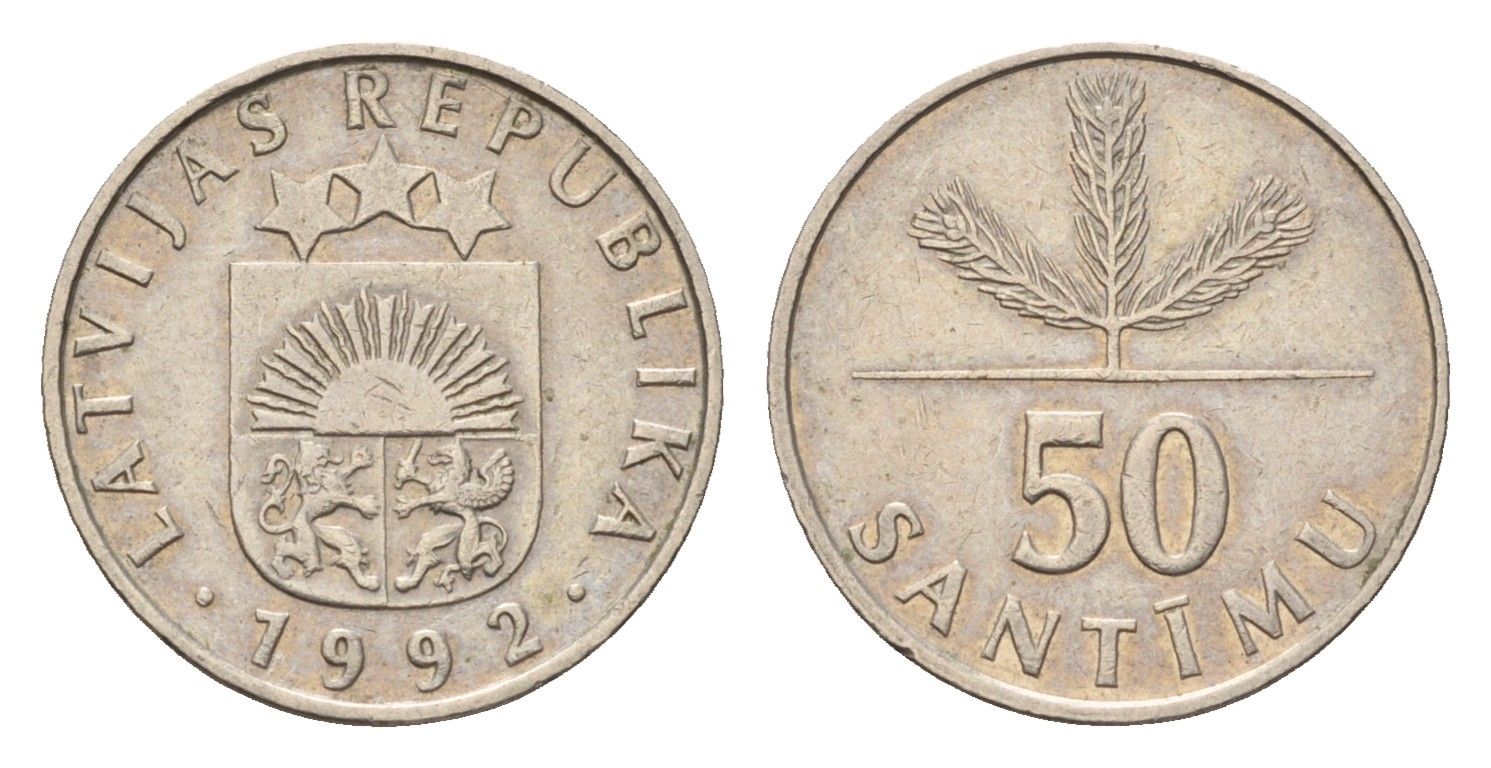 Латвия 50 сантимов 1992 KM 13 медно-никель 105-1118