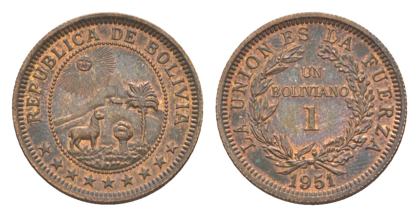 Боливия 1 боливиано 1951 KM 184 бронза UNC 4644-841