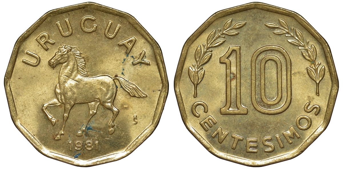 Уругвай 10 сентесимо 1981 KM 66 алюминиевая бронза 4169-536