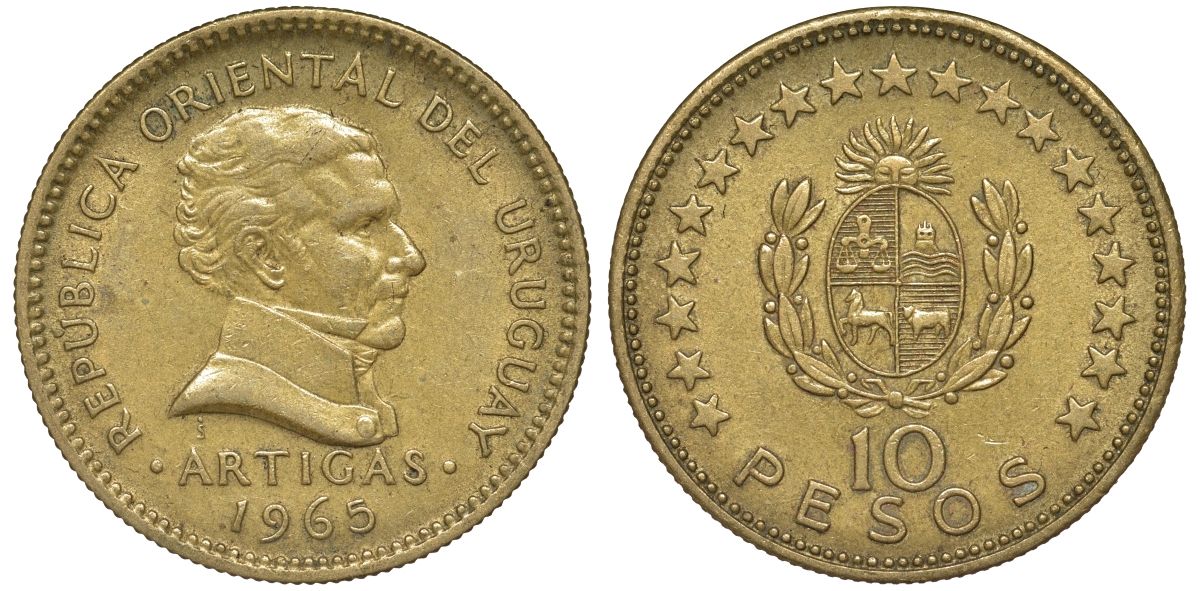 Уругвай 10 песо 1965 KM 48 алюминиевая бронза 69-916