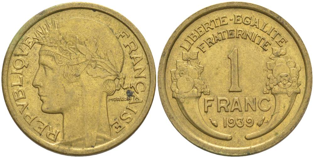 Франция 1 франк 1939 тип Морлон KM 885, LE FRANC 219.10 алюминиевая бронза 3853-211