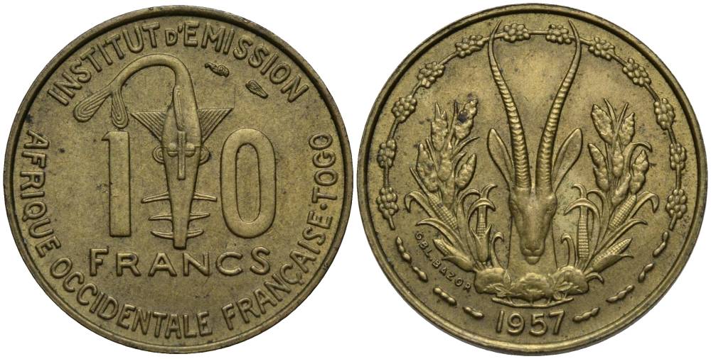 ВАЛЮТНЫЙ СОЮЗ СТРАН ЗАПАДНОЙ АФРИКИ, ТОГО 10 ФРАНКОВ 1957 АНТИЛОПА KM 8 алюминиевая бронза 27-341