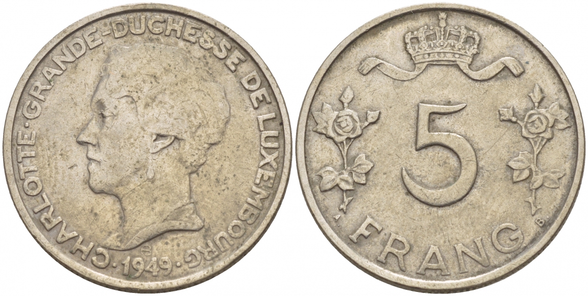 Люксембург 5 франков 1949 Великая герцогиня Шарлотта (1919-1964) KM 50 медно-никель 4548-743