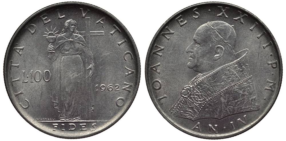 ВАТИКАН 100 ЛИР 1962 IV ГОД ПРАВЛЕНИЯ ПАПЫ ИОАННА XXIII (1958-1963) KM 64.2 нержавеющая сталь 4545-1214