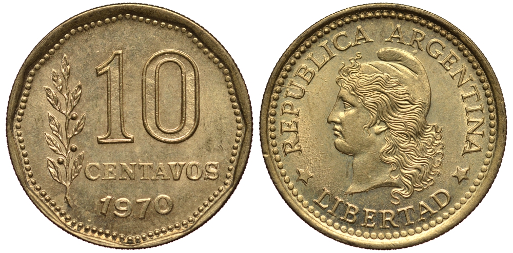 Аргентина 10 сентаво 1970 голова свободы влево KM 66 алюминиевая бронза UNC 4181-224