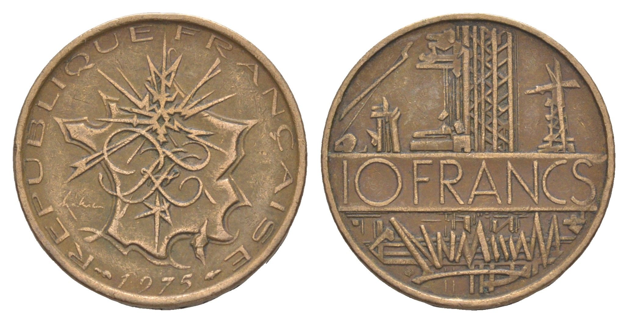 Франция 10 франков 1975 KM 940 медь алюминий никель 4543-631