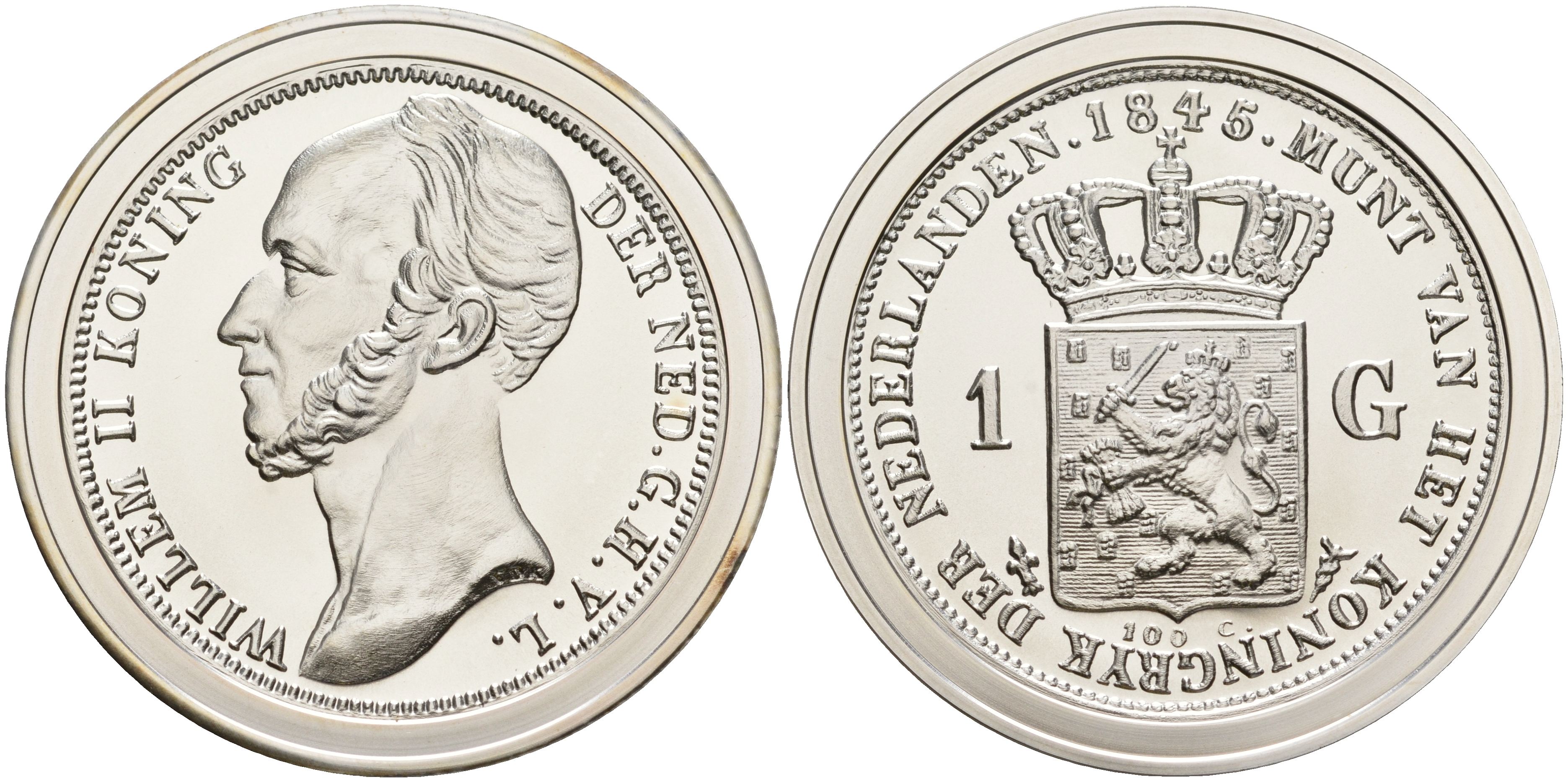 Нидерланды медаль ND серия старинные монеты,Виллем II - 1 гульден 1845  серебро  UNC  00-00