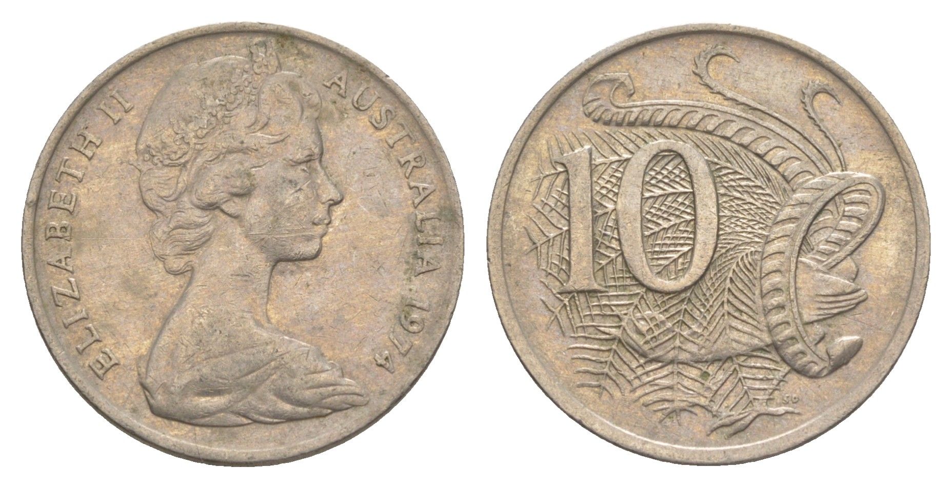 Австралия 10 центов 1974 Елизавета II (1952-2022), птица лирахвост KM 65 медно-никель 4364-241