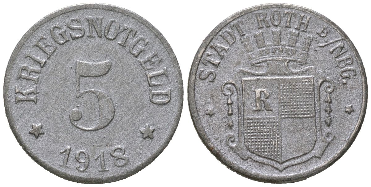 Рот (федеральная Бавария) 5 пфеннингов 1918 Funck 452.3, Men18 27474.3 железо 4164-246