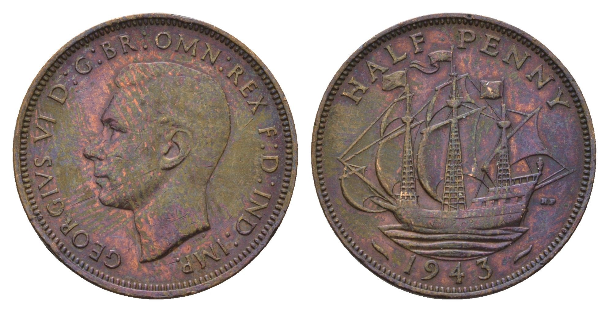 Великобритания 1/2 пенни 1943 Георг VI (1936-1952) KM 844, Spink 4115 бронза 4519-214