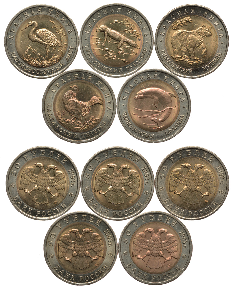 Россия лот из 5 монет по 50 рублей 1993 серия Красная книга, гималайский медведь, туркменский зублефар, кавказский тетерев, дальневосточный аист, черноморская афалина KM 330, 331, 332, 333, 334 биметалл UNC N4-45