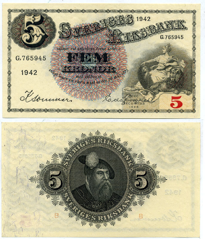 Швеция 5 крон 1942 король Густав I Pick 33y бумага 7523-2-4-2
