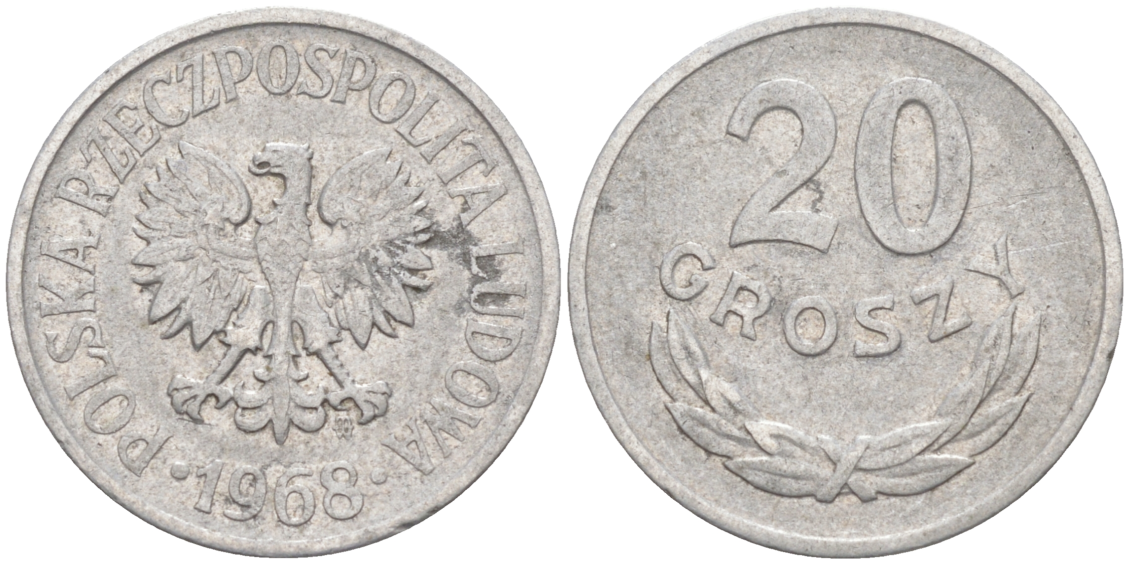 ПОЛЬША 20 ГРОШЕЙ 1968 MW KM A47 алюминий VF 188-329