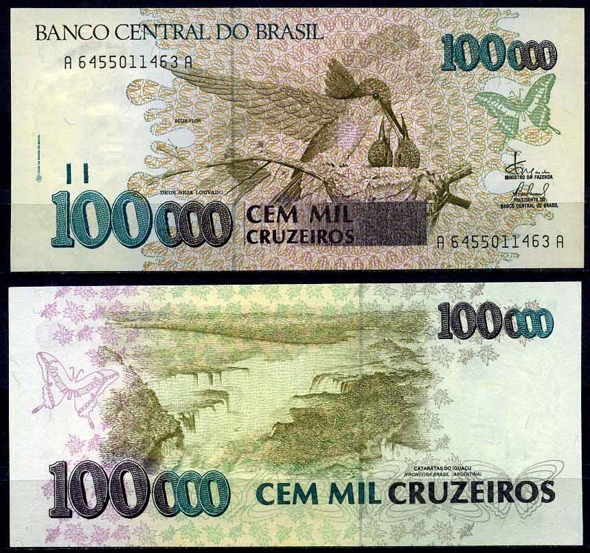 Бразилия 100000 крузейро ND (1992-1993) серия A 6455, Игуасу водопад, колибри Pick 235 d бумага UNC (пресс) 2197-44-2-1