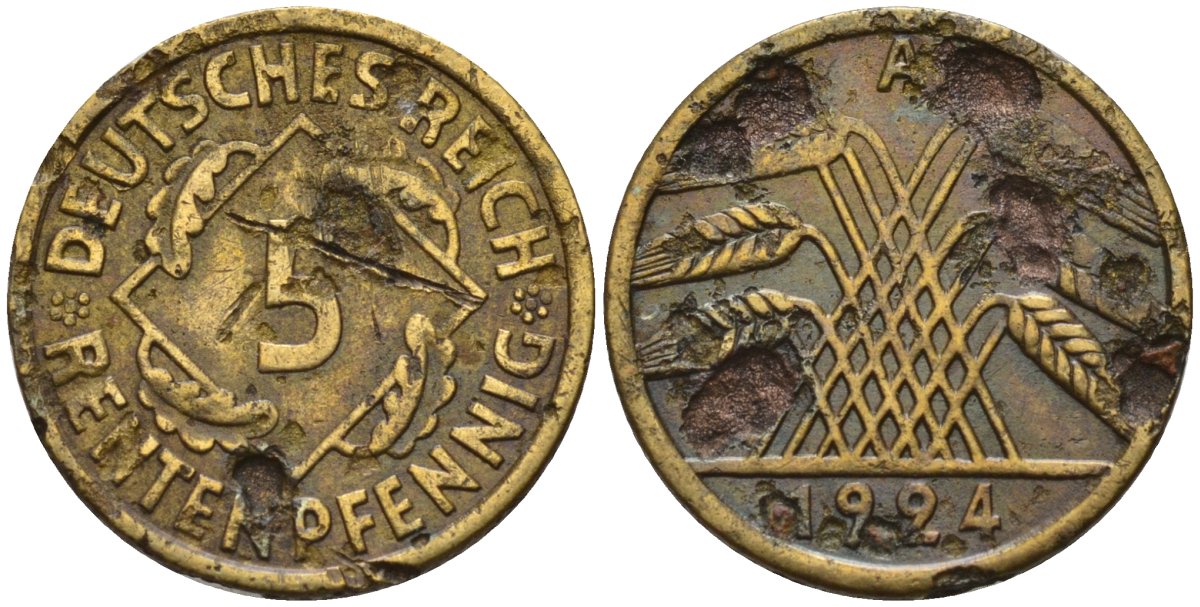 Германия 5 рентенпфеннигов 1924 A KM 32, J. 308 алюминиевая бронза 4151-662