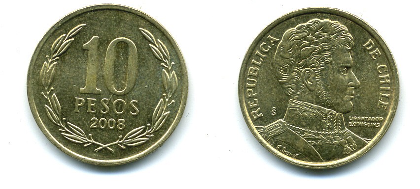 ЧИЛИ 10 ПЕСО 2008 ГЕНЕРАЛ БЕРНАРДО О ХИГГИНС KM 228.2 никель-бронза 37-344