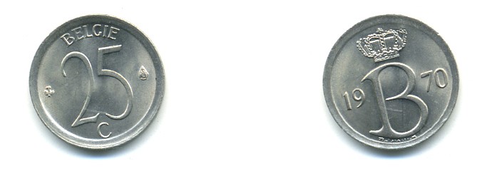 Бельгия 25 сантимов 1970 Belgie, Бодуэн I (1951-1993) KM 154.1 медно-никель UNC 80-927