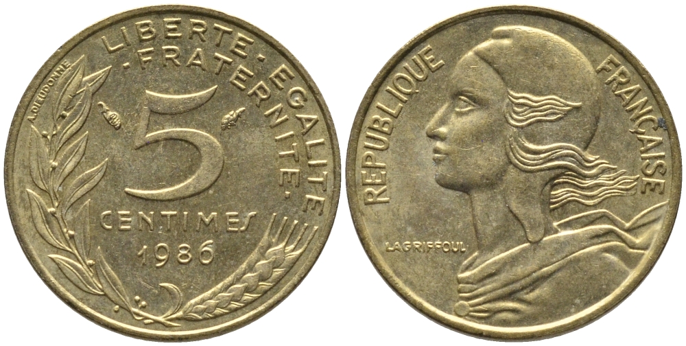 ФРАНЦИЯ 5 САНТИМОВ 1986 ТИП MARIANNE KM 933 медь алюминий никель 99-1121