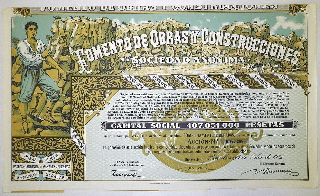 ИСПАНИЯ, FOMENTO DE OBRAS Y CONSTRUCCIONES - ОБЩЕСТВО ПООЩРЕНИЯ ТРУДА И СТРОИТЕЛЬСТВА АКЦИЯ В 500 ПЕСЕТ 1972 ИСПАНИЯ бумага 5553-4