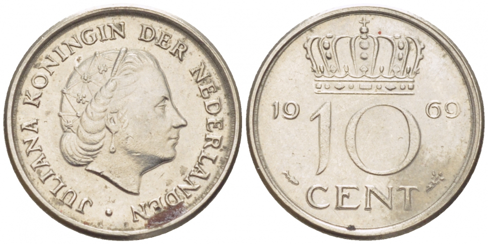 Нидерланды 10 центов 1969 Юлиана (1948-1980) KM 182 никель 3309-632