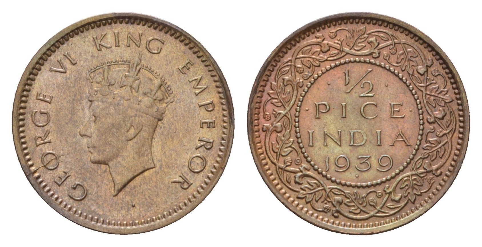 Британская Индия 1/2 пайса 1939 Георг VI (1936-1952) KM 528 бронза UNC 1520-215