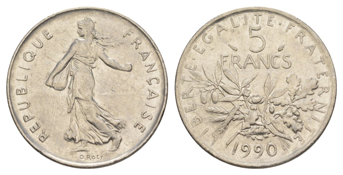 Франция 5 франков 1990 сеятель KM?926a.1, Le Franc 341.22 медно-никель плакированный никелем 4185-323