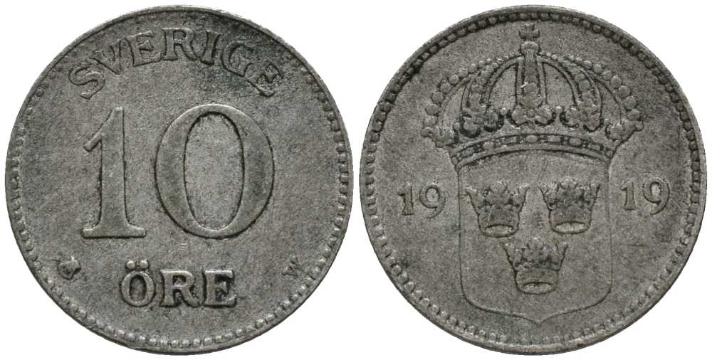 Швеция 10 эре 1919 W, Густав V (1907-1950) КМ 780 серебро 201-1065