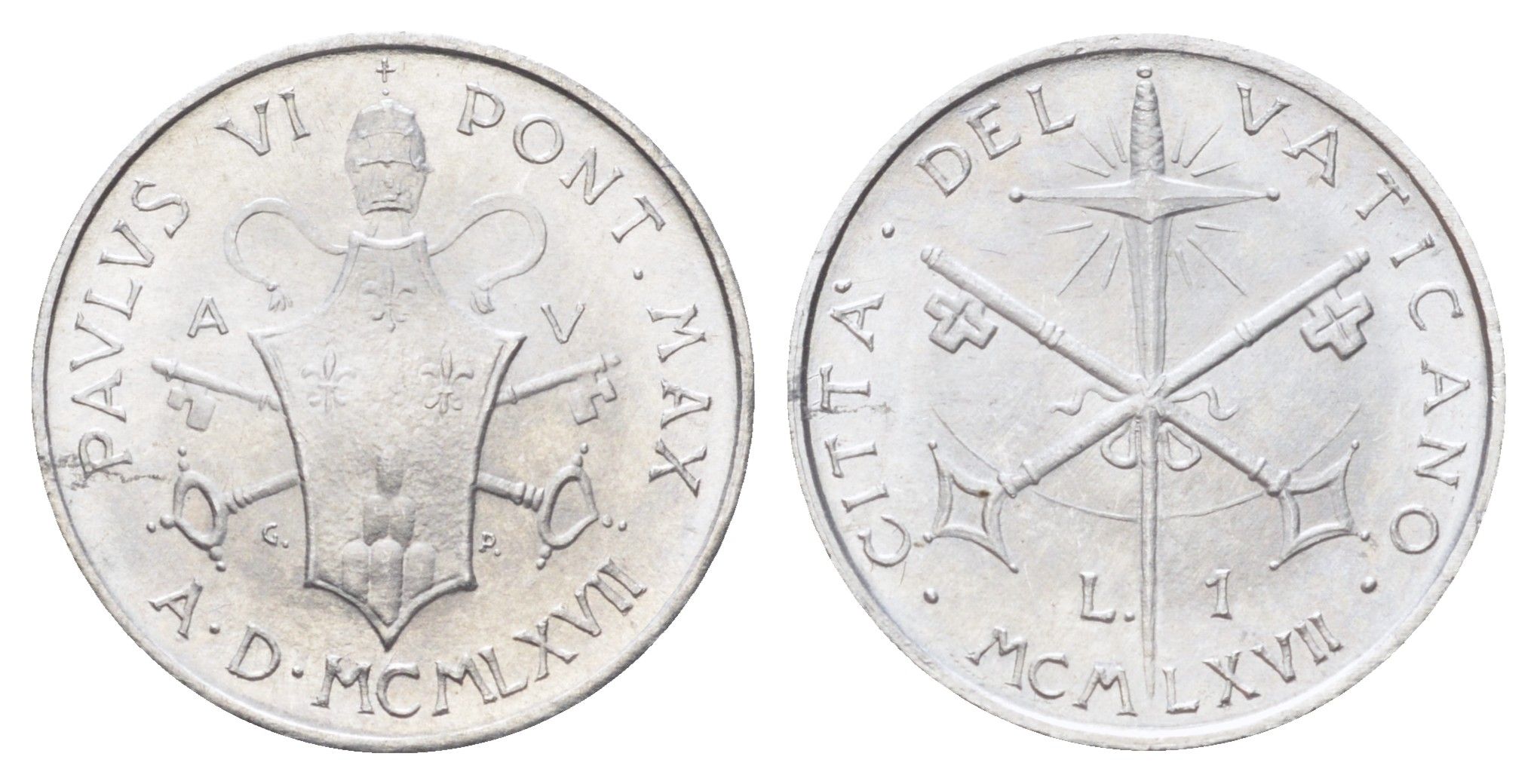 Ватикан 1 лира 1967 MCMLXVII, год-тип KM 92 алюминий UNC 4701-463