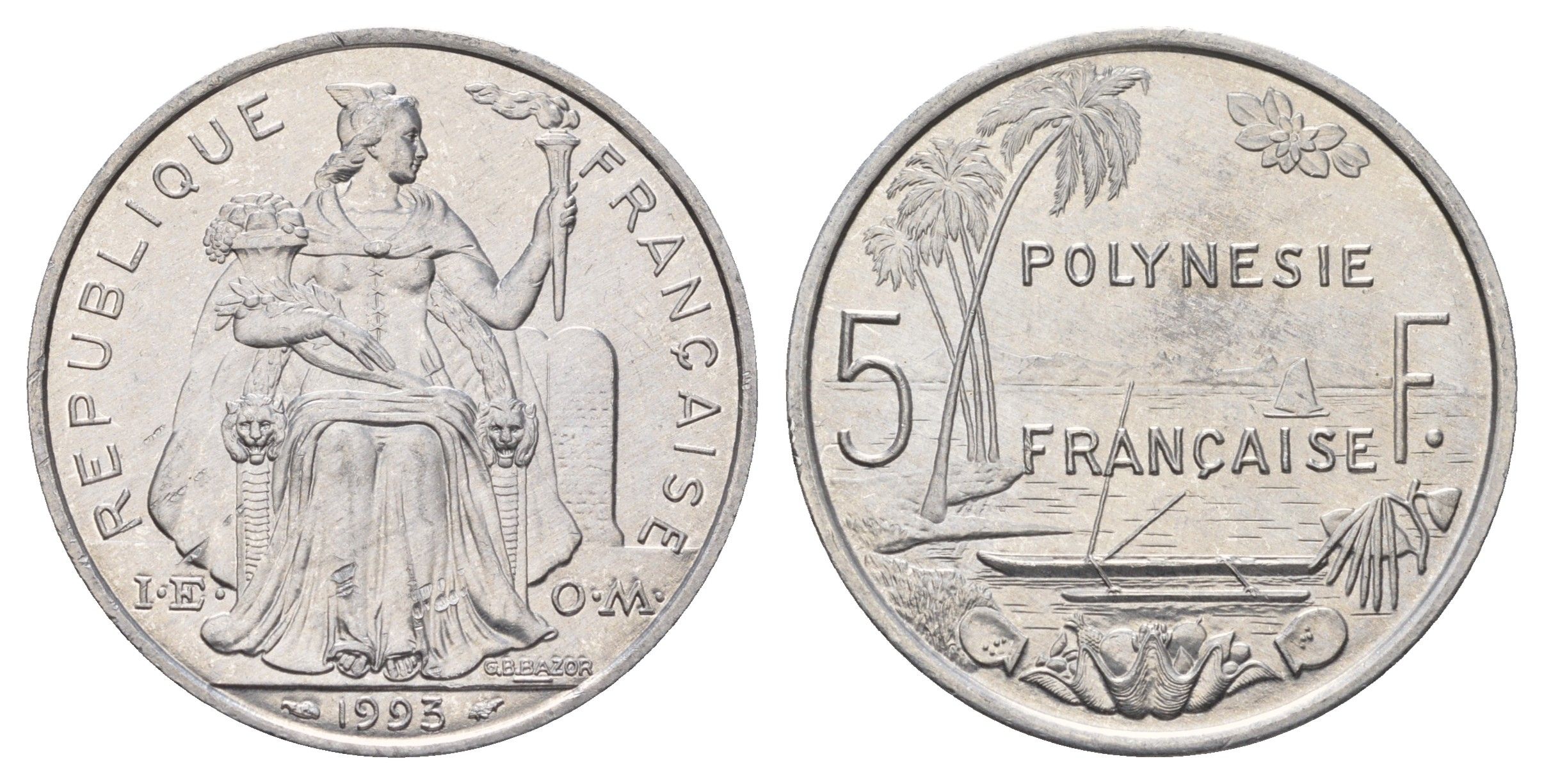 Французская Полинезия 5 франков 1993 KM 12 алюминий UNC 109-1132