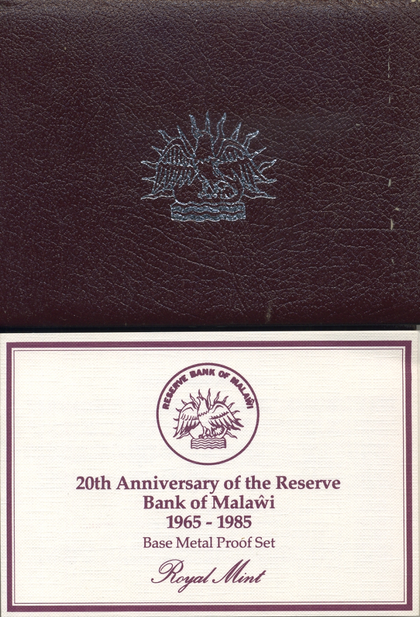 Малави набор из 5 монет 1985 20 лет Банку Малави, официальный набор в пластике, с сертификатом, в коробке KM PS 4 PROOF 14-01-02-08