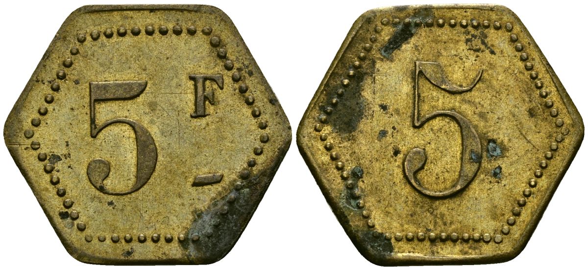 Франция 5 франков XIX-XX век ресторанный жетон латунь 4166-1023