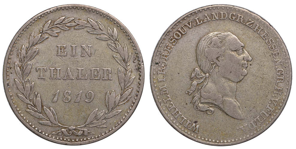 Гессен-Кассель 1 талер 1819 Вильгельм I KM 568 Dav. 690 серебро 00-805-17
