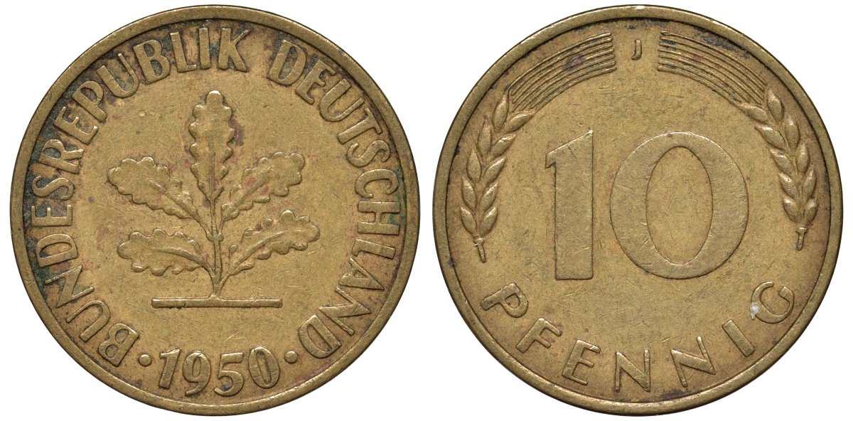 ФРГ 10 пфеннигов 1950 J KM 108, J. 383 сталь плакированная латунью 4132-535