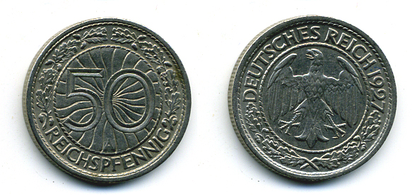 Германия 50 рейхспфеннигов 1927 A KM 49, J. 324 никель 58-121