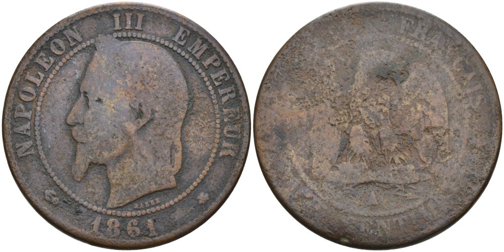Франция 10 сантимов 1864 А, Наполеон III (1852-1870) KM 798.1, Le Franc 134.11 бронза 4574-441