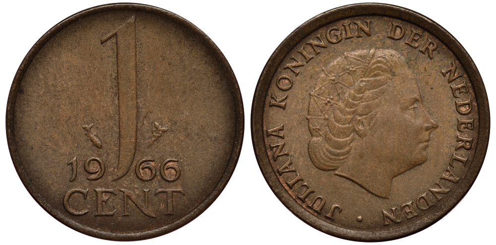 НИДЕРЛАНДЫ 1 ЦЕНТ 1966 KM 180 бронза VG 4181-227