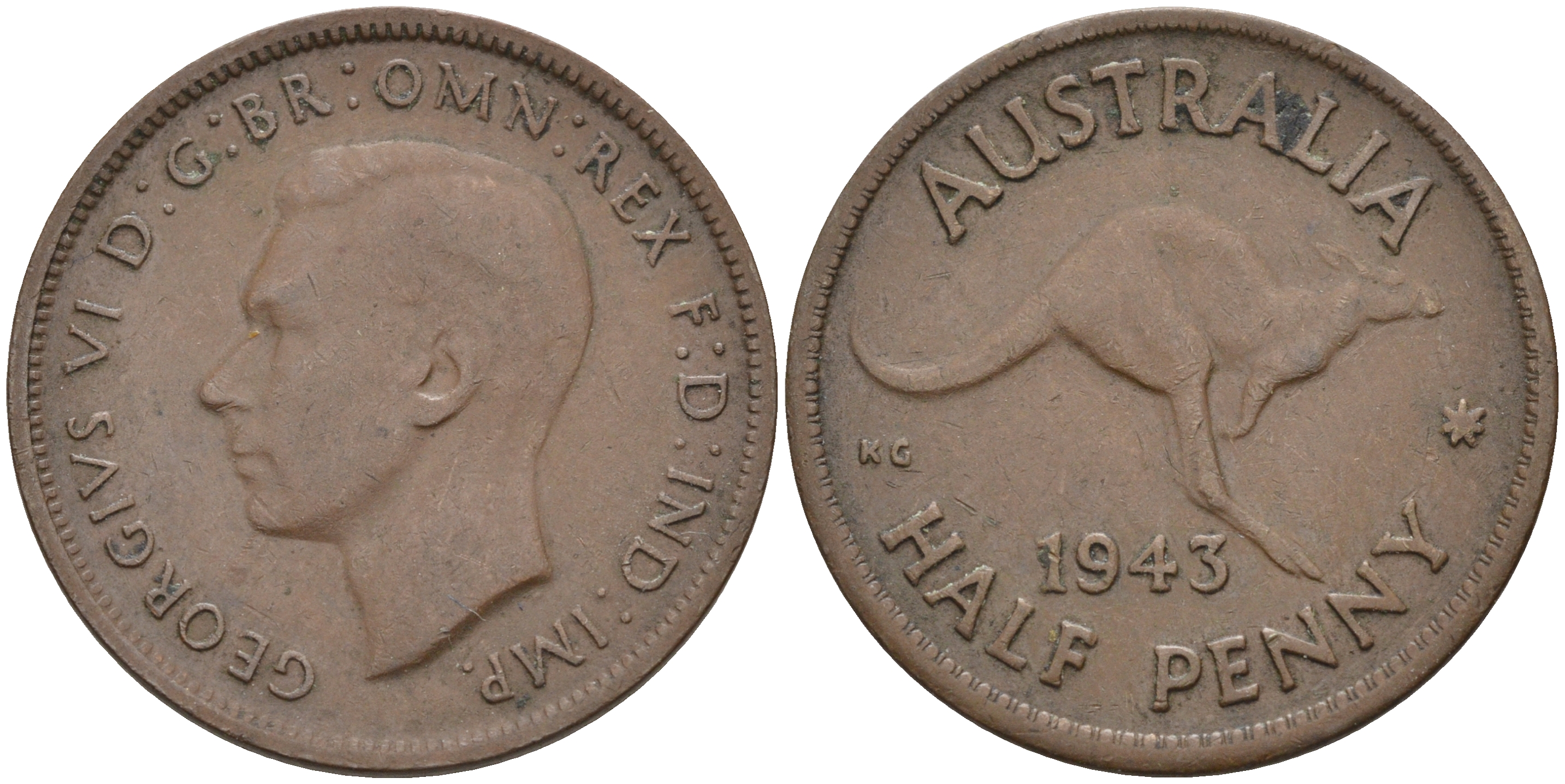 Австралия 1/2 пенни 1943 m, Георг VI (1936-1952), кенгуру KM 41 бронза 4116-342