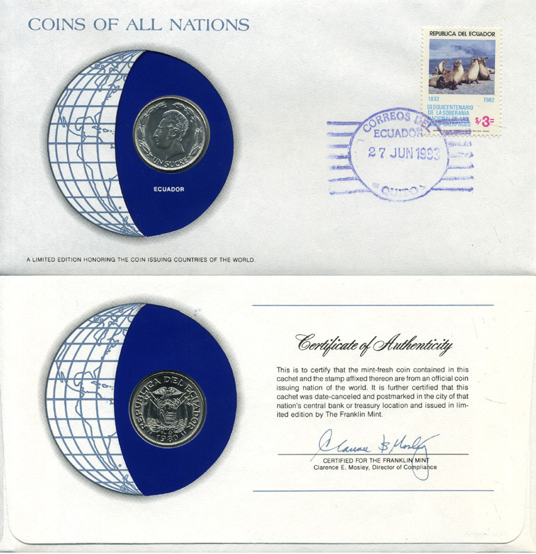 ЭКВАДОР 1 СУКРЕ 1980 конверт с маркой первого дня гашения, Coins of Nations KM 78b сталь плакированная никелем UNC 4294-57-2
