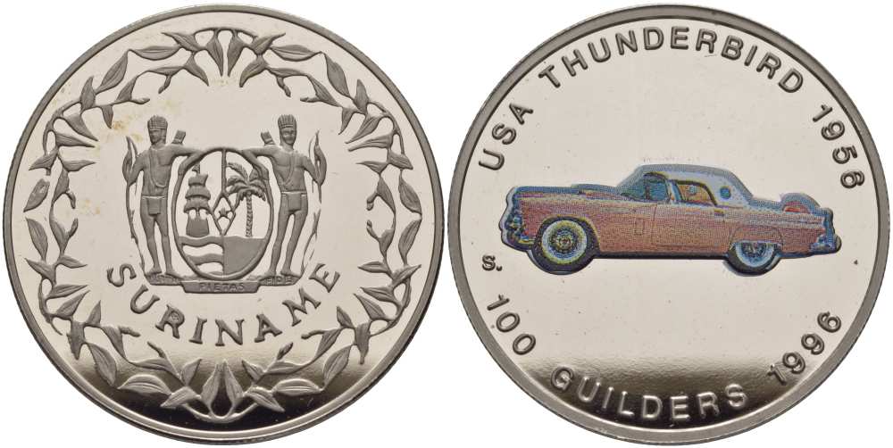 Суринам 100 гульденов 1996 США, Thunderbird 1956, эмаль KM 46 медно-никель PROOF 1069-3-44