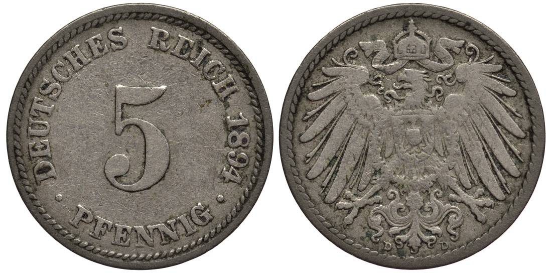 ГЕРМАНИЯ 5 ПФЕННИГОВ 1894 D KM 11, Jager 12, Weege 6 медно-никель 4547-341