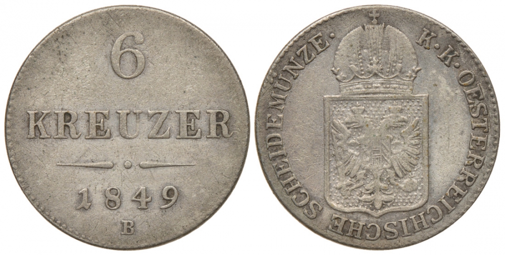 Австрия 6 крейцеров 1849 B, Франц Иосиф I (1848-1916) KM 2200 серебро 413-5215