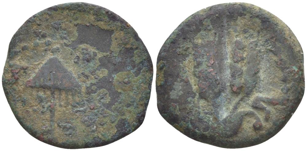 Иудея, династия Ирода прута 41/42 год Агриппа I, греческая легенда 'царь Агриппа', зонт / три хлебных колоса, дата (6-й год правления), Иерусалим Hendin 1244 медь 1073-21-37